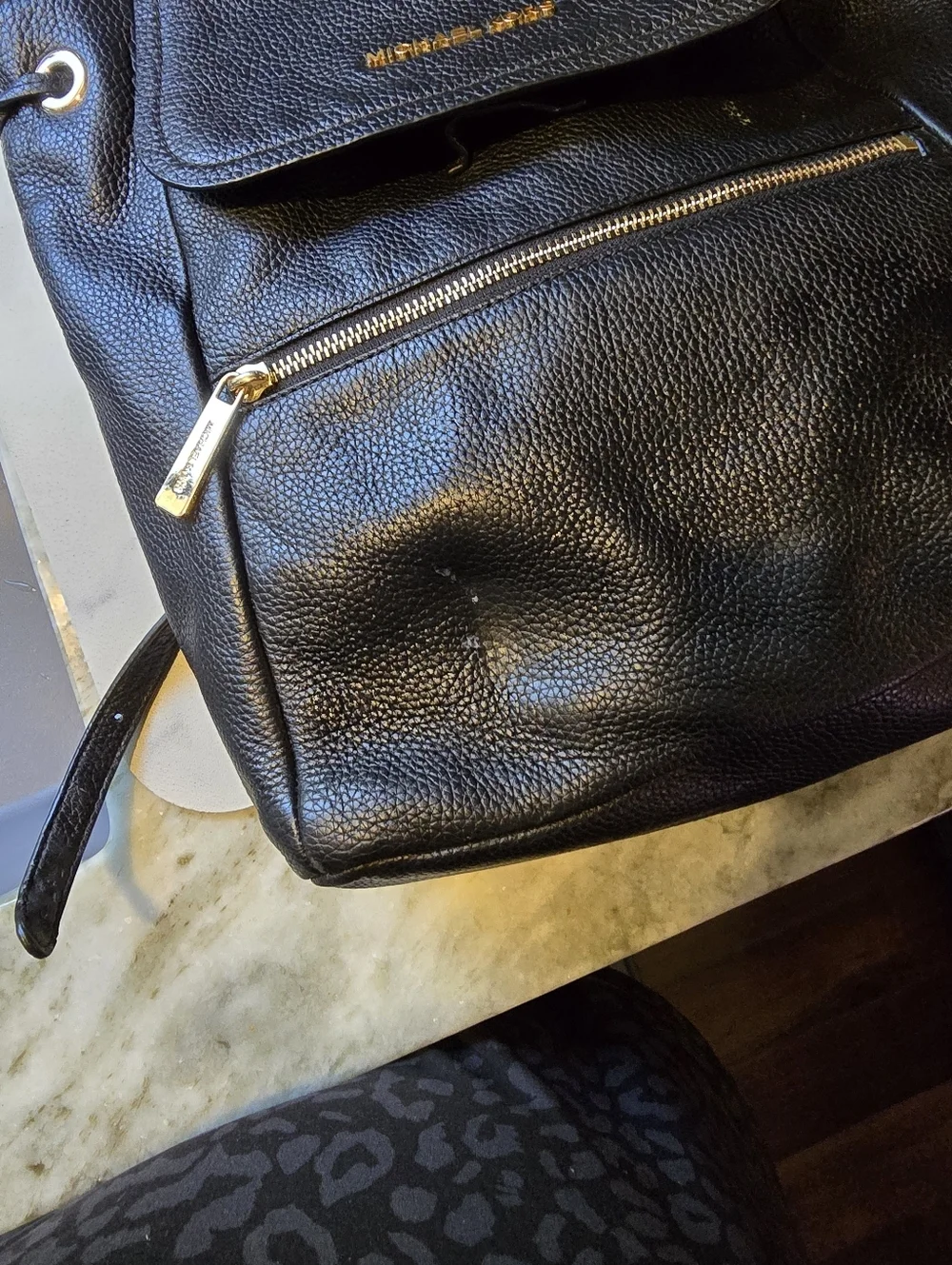 Michael Kors Black Pebbled Leather Flap Backpack with Gold Hardware